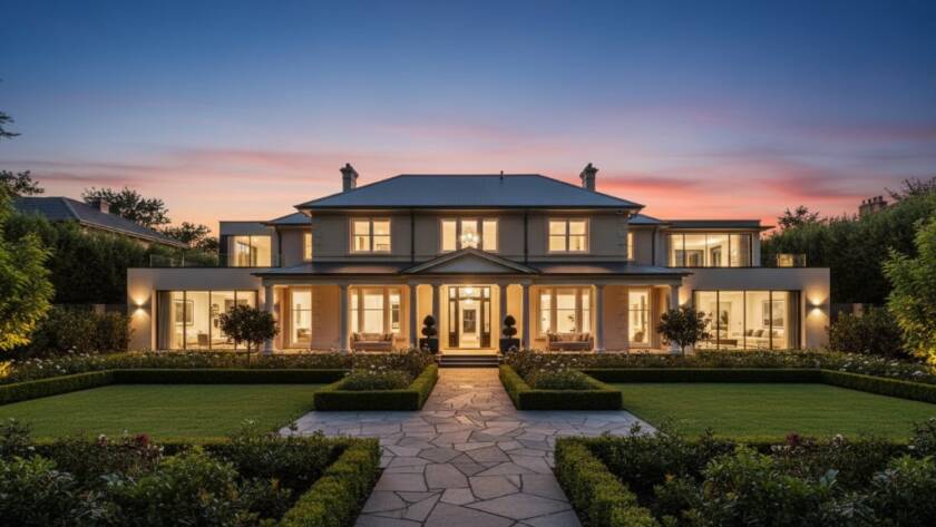 A stunning, wide-angle 'epic moment' photograph of a luxurious Deepdene property at twilight, showcasing its elegant architecture and manicured gardens under dramatic, warm lighting, perfect for Deepdene Premium Property Photography Services.