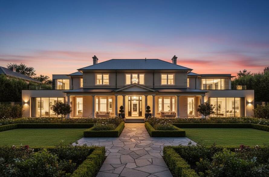 A stunning, wide-angle 'epic moment' photograph of a luxurious Deepdene property at twilight, showcasing its elegant architecture and manicured gardens under dramatic, warm lighting, perfect for Deepdene Premium Property Photography Services.