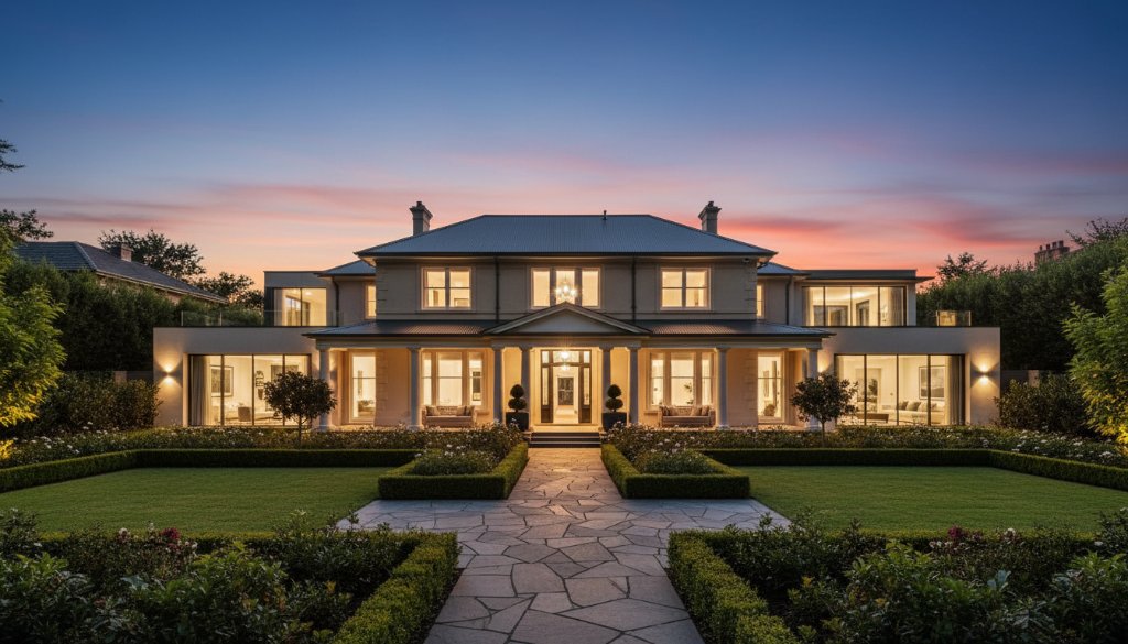 A stunning, wide-angle 'epic moment' photograph of a luxurious Deepdene property at twilight, showcasing its elegant architecture and manicured gardens under dramatic, warm lighting, perfect for Deepdene Premium Property Photography Services.