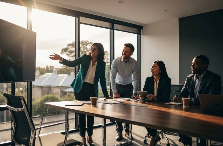 Dramatic, cinematic wide shot of a diverse group of business professionals in Deepdene, Victoria, collaborating and celebrating a success, bathed in warm, directional sunlight filtering through large windows of a modern office, showcasing Deepdene professional corporate photography solutions and the team's dynamic energy.