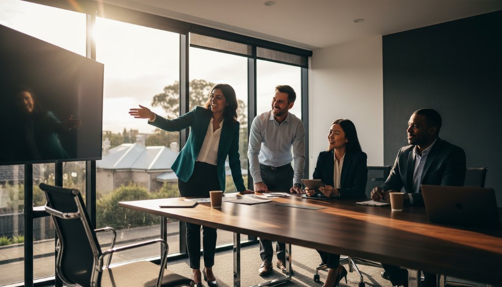 Dramatic, cinematic wide shot of a diverse group of business professionals in Deepdene, Victoria, collaborating and celebrating a success, bathed in warm, directional sunlight filtering through large windows of a modern office, showcasing Deepdene professional corporate photography solutions and the team's dynamic energy.
