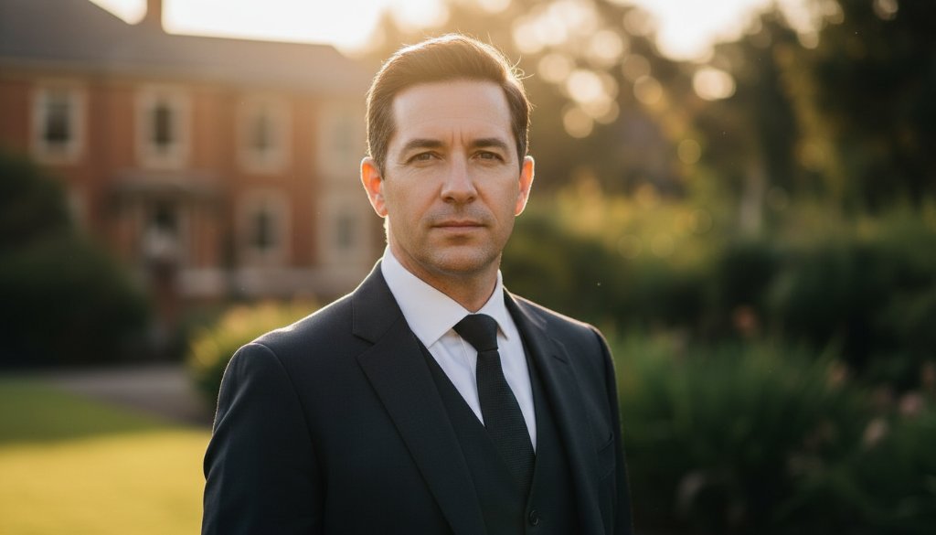 A commanding Deepdene professional portrait for executive branding, featuring a confident subject against a soft, sunlit backdrop near Deepdene Park, capturing a moment of profound executive presence with dramatic chiaroscuro lighting and professional colour grading.