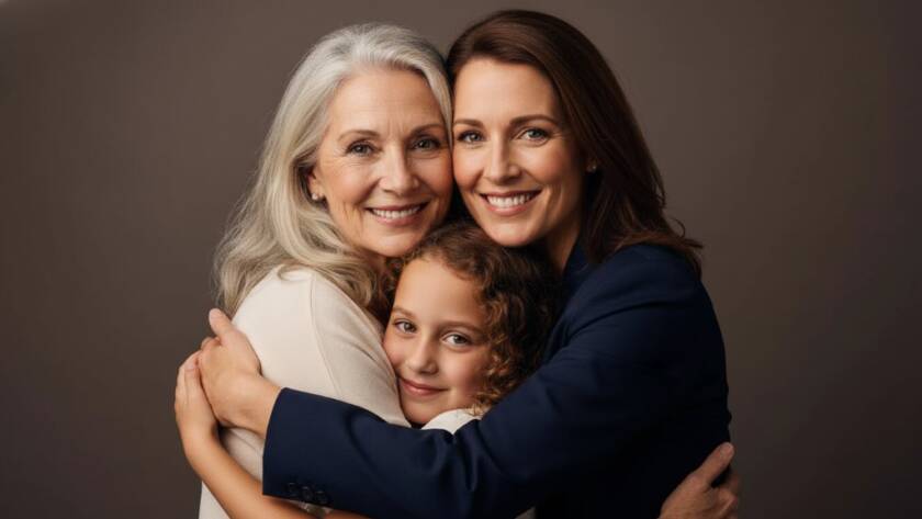 An emotionally resonant, epic moment captured in Deepdene studio photography for timeless portraits, featuring a multi-generational family group in warm embrace, beautifully lit with soft, dramatic natural light from a large window, professional colour grading.