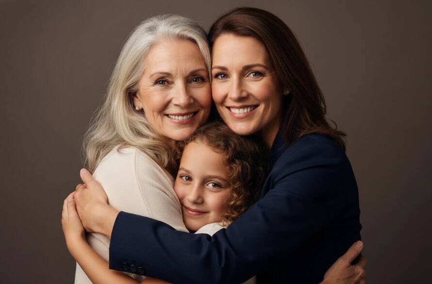 An emotionally resonant, epic moment captured in Deepdene studio photography for timeless portraits, featuring a multi-generational family group in warm embrace, beautifully lit with soft, dramatic natural light from a large window, professional colour grading.