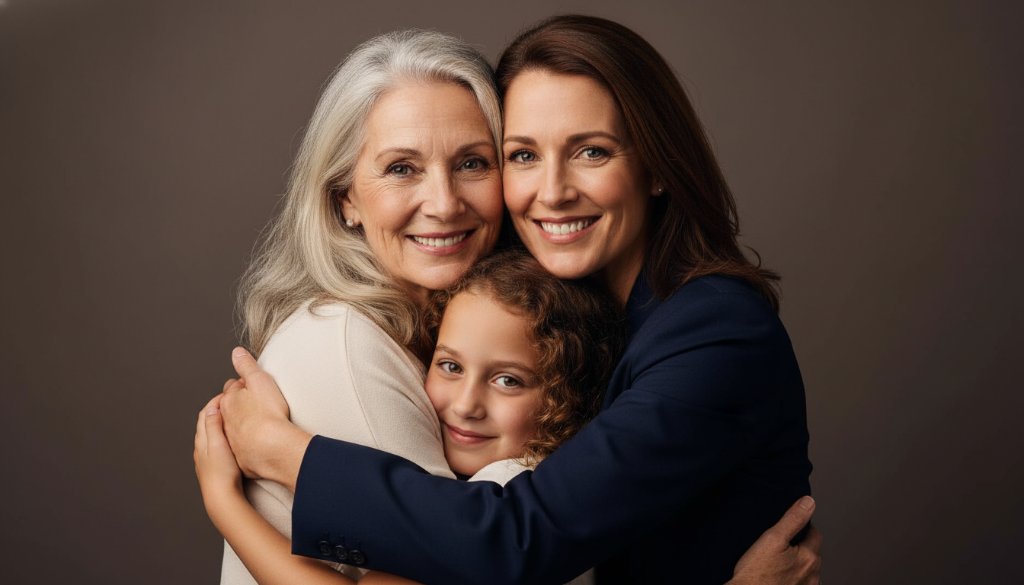An emotionally resonant, epic moment captured in Deepdene studio photography for timeless portraits, featuring a multi-generational family group in warm embrace, beautifully lit with soft, dramatic natural light from a large window, professional colour grading.