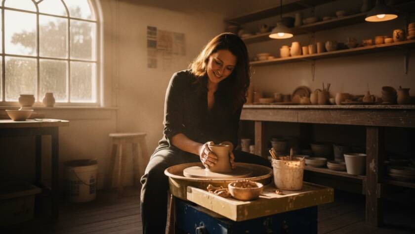 Deepdene Victoria authentic brand photography capturing a local artisan, bathed in golden hour light, passionately working on their craft in a heritage Deepdene workshop, showcasing dedication and skill.