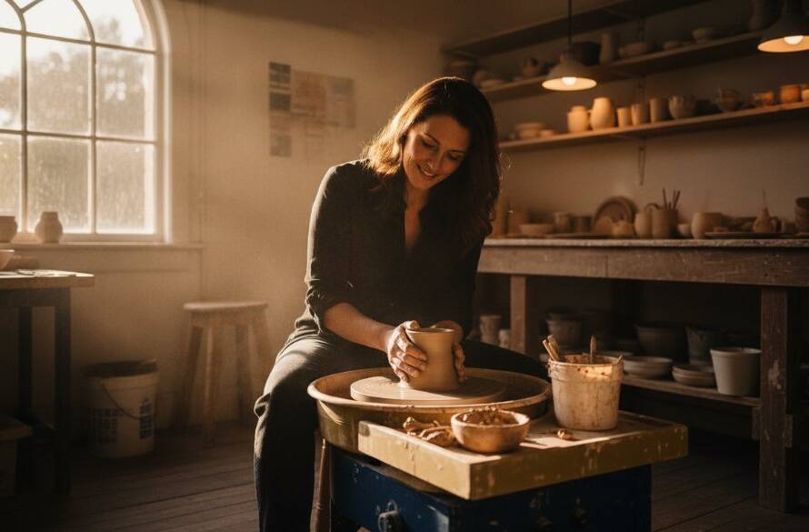 Deepdene Victoria authentic brand photography capturing a local artisan, bathed in golden hour light, passionately working on their craft in a heritage Deepdene workshop, showcasing dedication and skill.