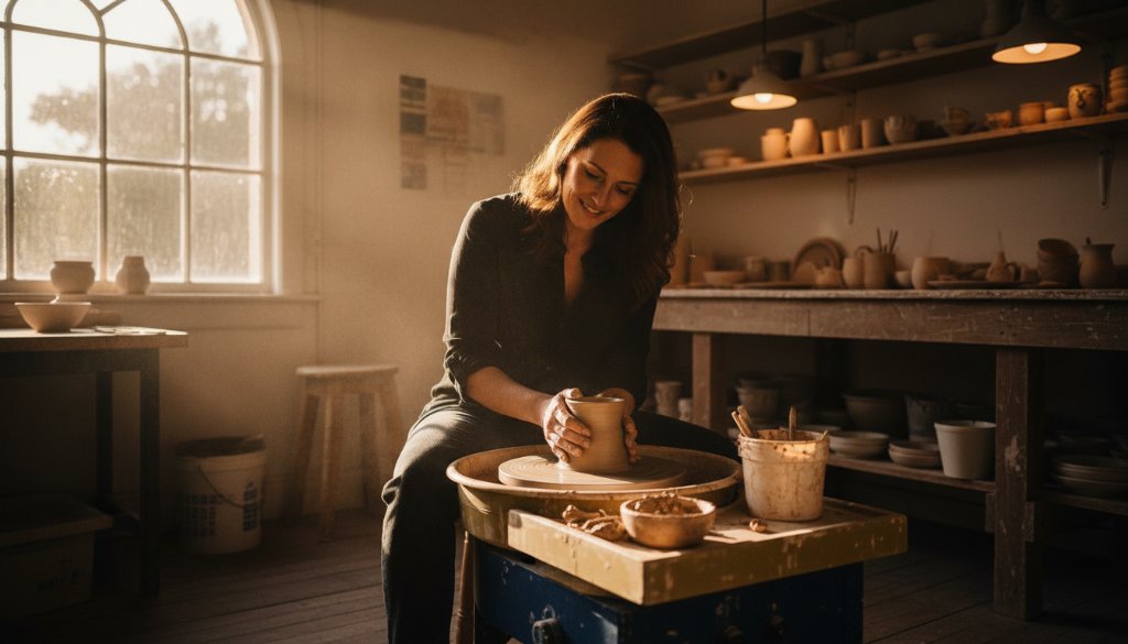 Deepdene Victoria authentic brand photography capturing a local artisan, bathed in golden hour light, passionately working on their craft in a heritage Deepdene workshop, showcasing dedication and skill.