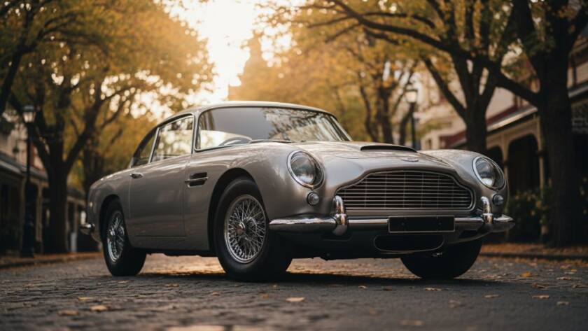 An epic moment photograph showcasing a gleaming vintage Aston Martin, perfectly restored, parked on a tree-lined street in Deepdene, Victoria, Australia, with soft golden hour light highlighting its polished chrome and curves. The Deepdene Victoria classic car photography experts at Image by SD captured this stunning detail shot.