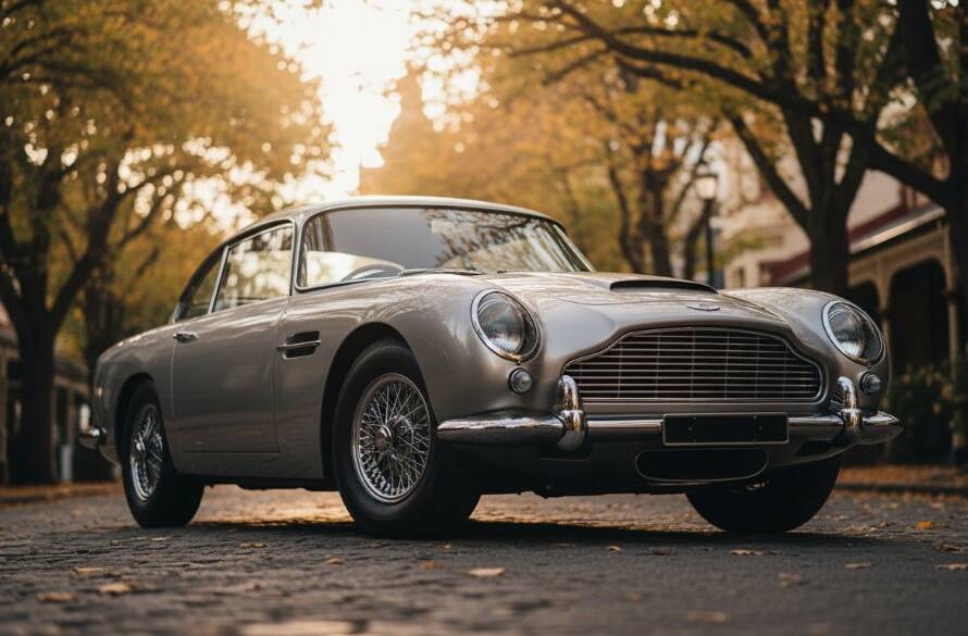 An epic moment photograph showcasing a gleaming vintage Aston Martin, perfectly restored, parked on a tree-lined street in Deepdene, Victoria, Australia, with soft golden hour light highlighting its polished chrome and curves. The Deepdene Victoria classic car photography experts at Image by SD captured this stunning detail shot.