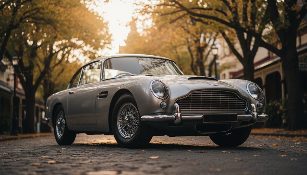An epic moment photograph showcasing a gleaming vintage Aston Martin, perfectly restored, parked on a tree-lined street in Deepdene, Victoria, Australia, with soft golden hour light highlighting its polished chrome and curves. The Deepdene Victoria classic car photography experts at Image by SD captured this stunning detail shot.
