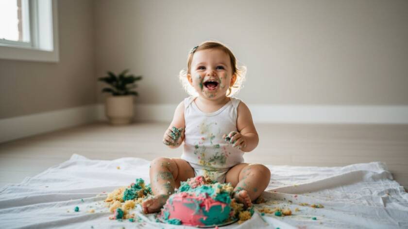 An epic moment captured during a deepdene victoria first birthday cake smash photography session, showing a baby giggling amidst a colourful cake explosion, dramatically lit from behind, covered in frosting.