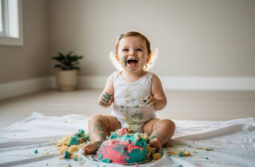 An epic moment captured during a deepdene victoria first birthday cake smash photography session, showing a baby giggling amidst a colourful cake explosion, dramatically lit from behind, covered in frosting.