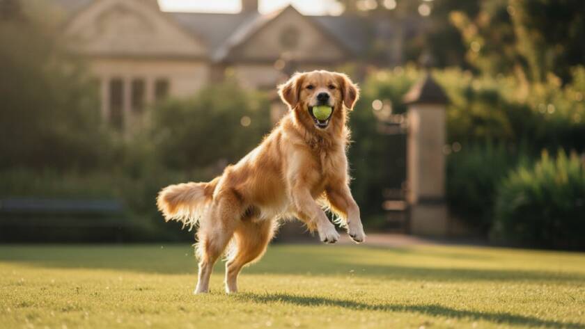 A golden retriever mid-leap in a Deepdene park, its fur illuminated by golden hour light, perfectly illustrating Deepdene Victoria pet photography capturing joyous dog moments, a dynamic and professional portfolio shot.
