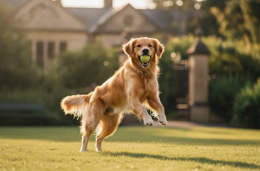 A golden retriever mid-leap in a Deepdene park, its fur illuminated by golden hour light, perfectly illustrating Deepdene Victoria pet photography capturing joyous dog moments, a dynamic and professional portfolio shot.
