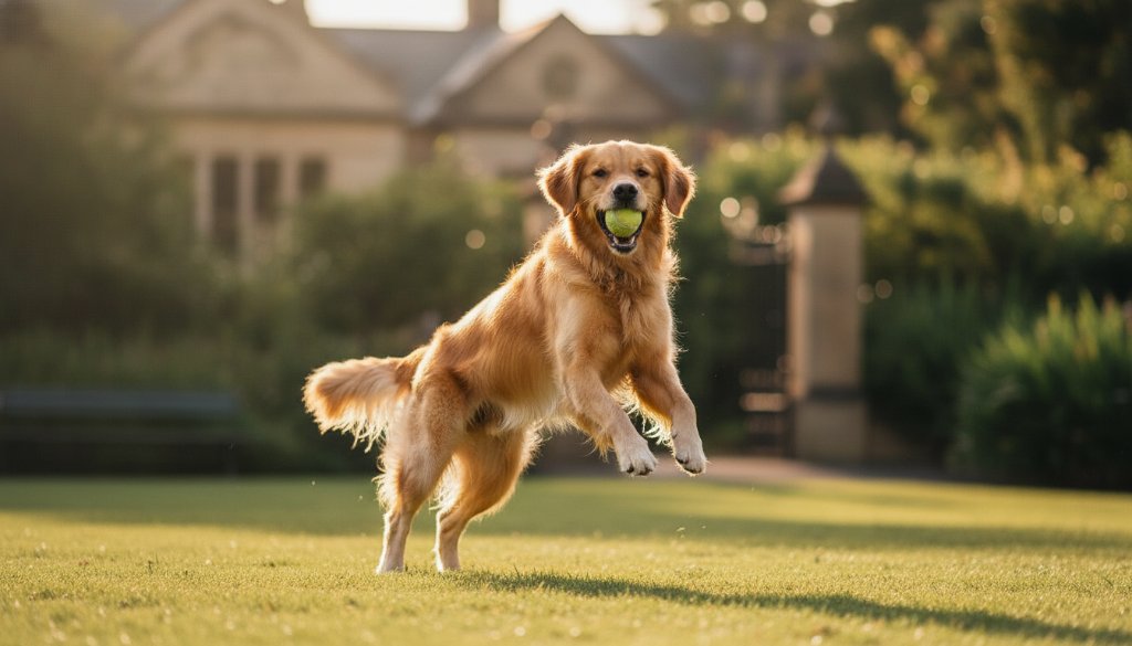 A golden retriever mid-leap in a Deepdene park, its fur illuminated by golden hour light, perfectly illustrating Deepdene Victoria pet photography capturing joyous dog moments, a dynamic and professional portfolio shot.