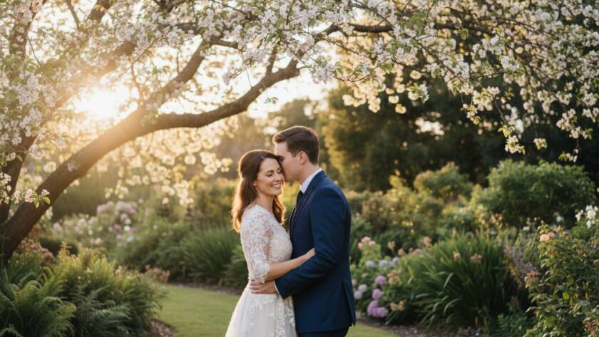 A couple embraces tenderly amidst the lush, serene gardens of Deepdene, Victoria, bathed in soft golden hour light, capturing an epic moment for their Deepdene Victoria Pre-Wedding Photography Serene Gardens session. Professional, cinematic style.