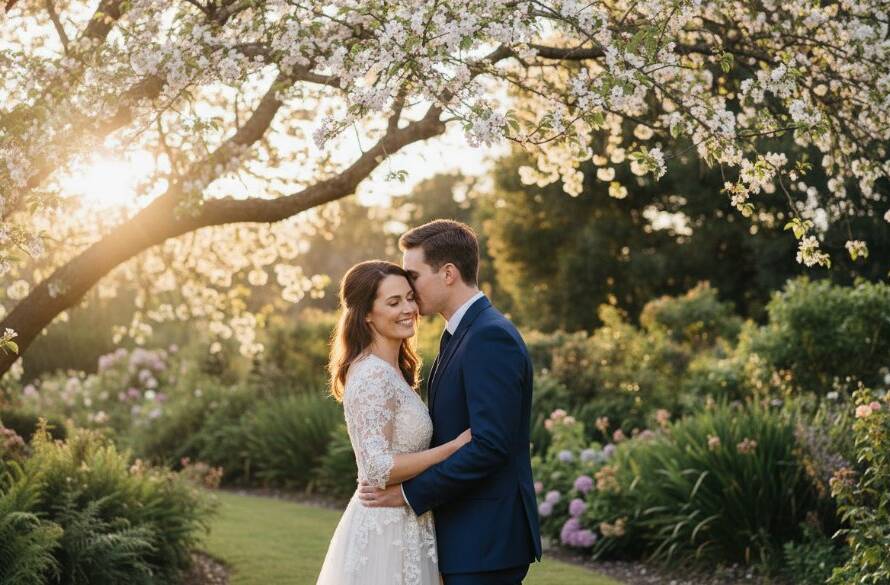 A couple embraces tenderly amidst the lush, serene gardens of Deepdene, Victoria, bathed in soft golden hour light, capturing an epic moment for their Deepdene Victoria Pre-Wedding Photography Serene Gardens session. Professional, cinematic style.