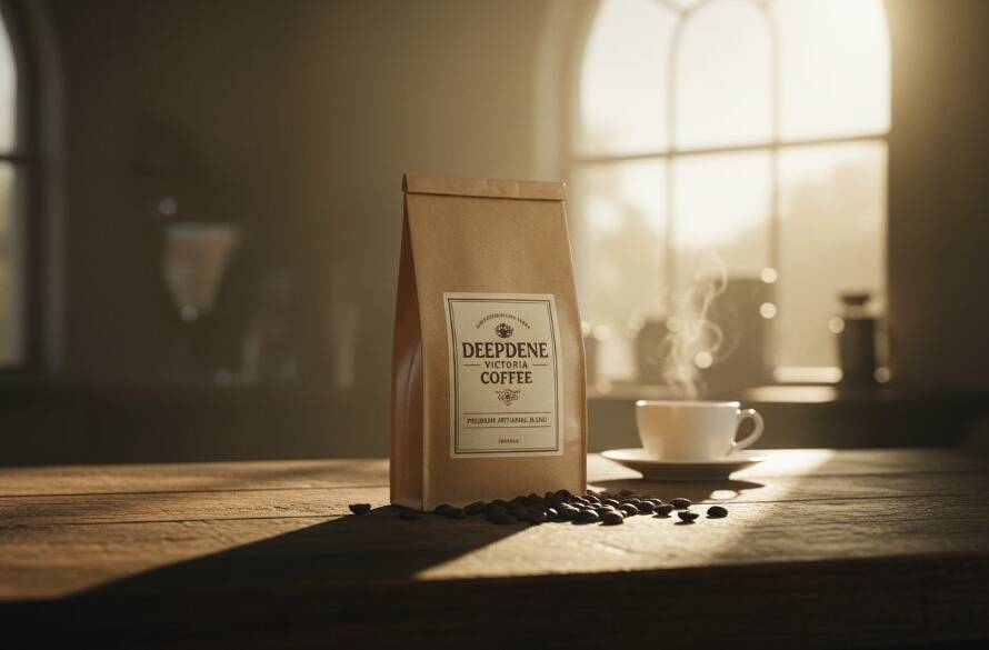 A captivating close-up of handcrafted ceramic mugs with rich, earthy glazes, artfully arranged on a rustic wooden table bathed in warm, soft morning light filtering through a Deepdene studio window, showcasing the exquisite detail and texture for Deepdene Victoria premium product photography.