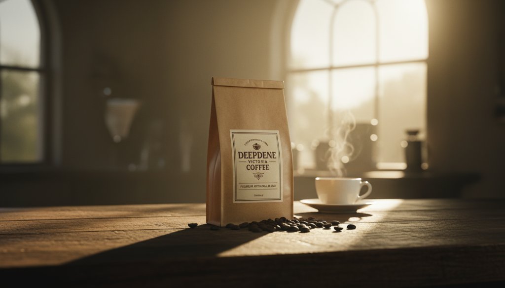 A captivating close-up of handcrafted ceramic mugs with rich, earthy glazes, artfully arranged on a rustic wooden table bathed in warm, soft morning light filtering through a Deepdene studio window, showcasing the exquisite detail and texture for Deepdene Victoria premium product photography.