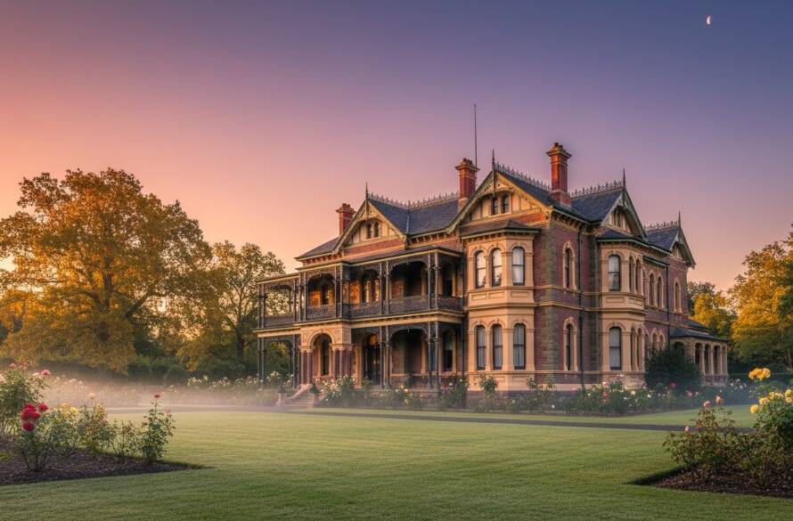 A dramatic, wide-angle shot of a grand Deepdene Victorian era architecture photography Melbourne masterpiece at twilight, with intricate iron lacework illuminated by soft internal lights, framed by ancient oak trees, under a dramatic sky, showcasing its majestic beauty.