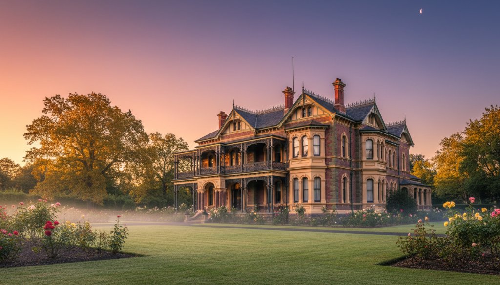 A dramatic, wide-angle shot of a grand Deepdene Victorian era architecture photography Melbourne masterpiece at twilight, with intricate iron lacework illuminated by soft internal lights, framed by ancient oak trees, under a dramatic sky, showcasing its majestic beauty.