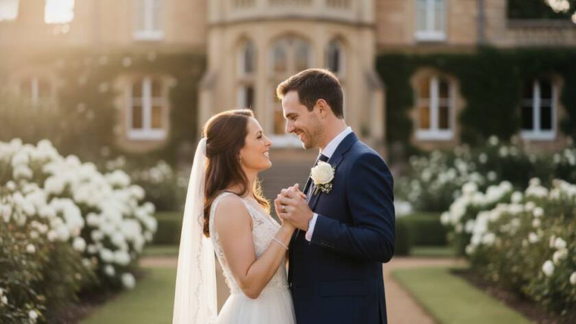 A newly married couple sharing a tender, epic moment embrace amidst the lush, historic gardens of Deepdene, beautifully captured by Deepdene Wedding Photography Melbourne Storytellers under soft, golden hour light.