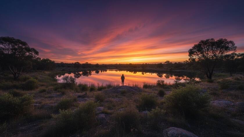 A dramatic, professionally lit fine art photograph from Deer Park fine art photography capturing unique stories, showcasing a silhouette of a person standing against a vibrant, ethereal sunset over a serene landscape, with rich colour grading and a sense of wonder.