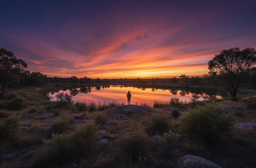A dramatic, professionally lit fine art photograph from Deer Park fine art photography capturing unique stories, showcasing a silhouette of a person standing against a vibrant, ethereal sunset over a serene landscape, with rich colour grading and a sense of wonder.