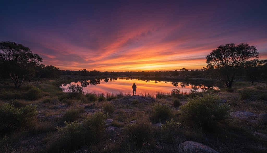 A dramatic, professionally lit fine art photograph from Deer Park fine art photography capturing unique stories, showcasing a silhouette of a person standing against a vibrant, ethereal sunset over a serene landscape, with rich colour grading and a sense of wonder.