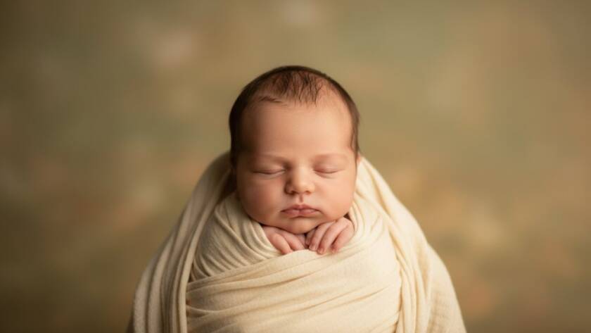 A breathtaking and gentle portrait capturing the serene beauty of a newborn baby swaddled in soft organic fabric, held lovingly by a parent's hands, bathed in warm, soft window light, showcasing Deer Park Newborn Photography Gentle Artistry in a professional, colour-graded, cinematic style.