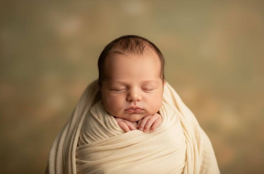 A breathtaking and gentle portrait capturing the serene beauty of a newborn baby swaddled in soft organic fabric, held lovingly by a parent's hands, bathed in warm, soft window light, showcasing Deer Park Newborn Photography Gentle Artistry in a professional, colour-graded, cinematic style.