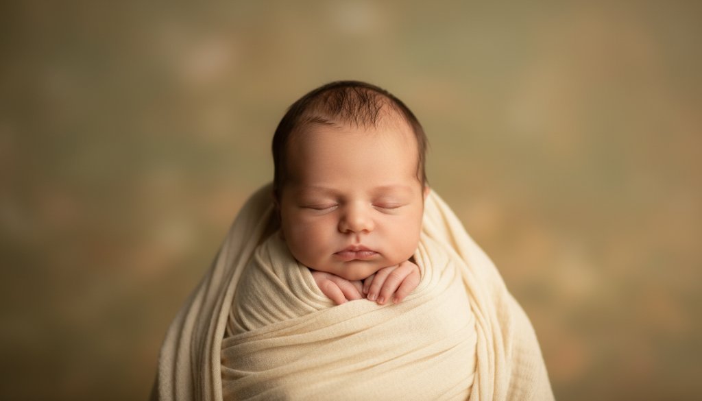 A breathtaking and gentle portrait capturing the serene beauty of a newborn baby swaddled in soft organic fabric, held lovingly by a parent's hands, bathed in warm, soft window light, showcasing Deer Park Newborn Photography Gentle Artistry in a professional, colour-graded, cinematic style.