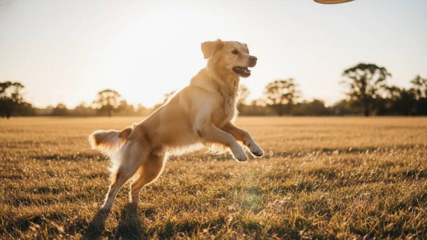 An exhilarating, wide-angle shot of a golden retriever mid-leap, fetching a tennis ball in a sun-drenched, open field in Deer Park, capturing the pure joy and agility that defines Deer Park Pet Photography Joyful Furry Memories, with dramatic backlighting and crisp detail.