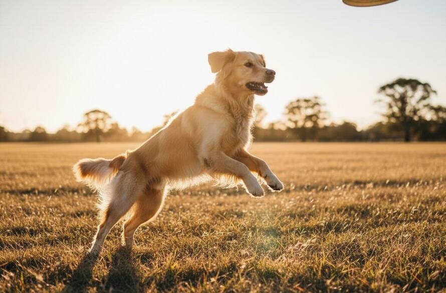 An exhilarating, wide-angle shot of a golden retriever mid-leap, fetching a tennis ball in a sun-drenched, open field in Deer Park, capturing the pure joy and agility that defines Deer Park Pet Photography Joyful Furry Memories, with dramatic backlighting and crisp detail.