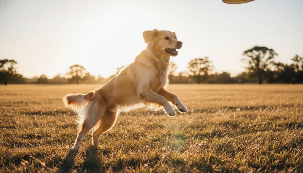 An exhilarating, wide-angle shot of a golden retriever mid-leap, fetching a tennis ball in a sun-drenched, open field in Deer Park, capturing the pure joy and agility that defines Deer Park Pet Photography Joyful Furry Memories, with dramatic backlighting and crisp detail.