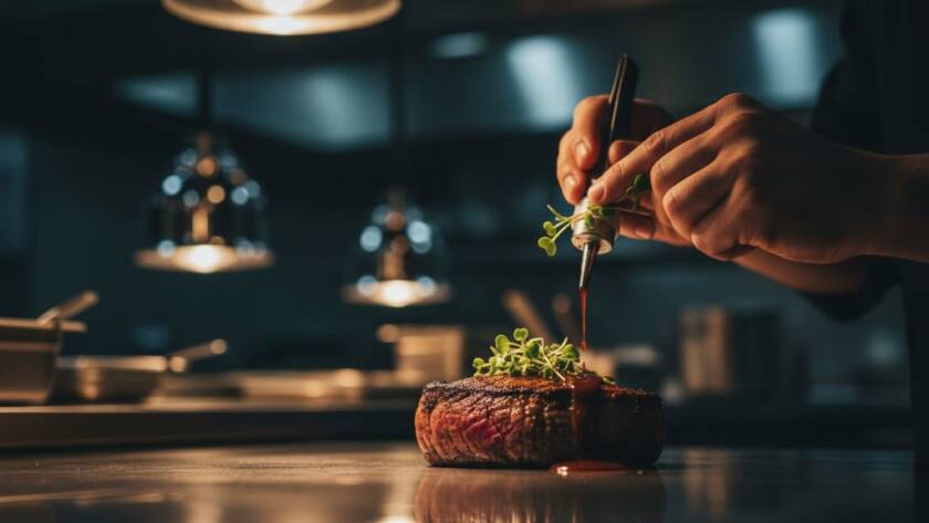 An epic close-up of a perfectly seared steak, garnished with fresh herbs, glistening under dramatic studio lighting, captured through Deer Park professional food photography Melbourne, ready to entice diners.