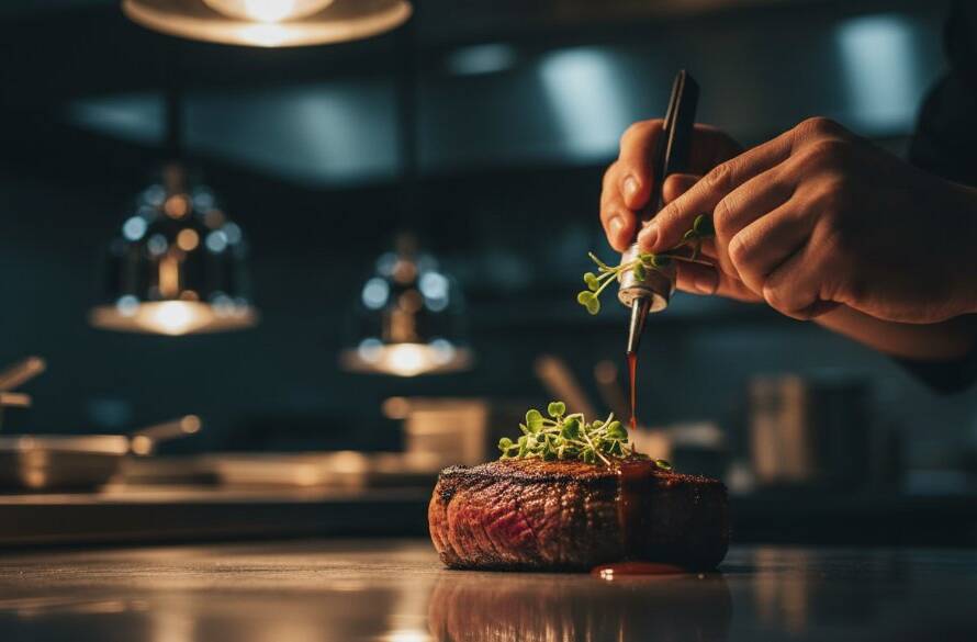 An epic close-up of a perfectly seared steak, garnished with fresh herbs, glistening under dramatic studio lighting, captured through Deer Park professional food photography Melbourne, ready to entice diners.