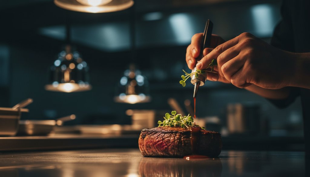 An epic close-up of a perfectly seared steak, garnished with fresh herbs, glistening under dramatic studio lighting, captured through Deer Park professional food photography Melbourne, ready to entice diners.