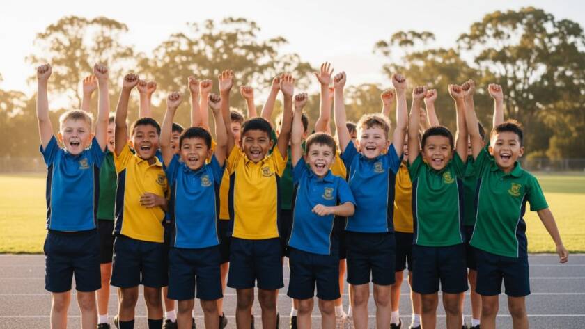 Dynamic, cinematic photograph showcasing a group of diverse primary school children from Deer Park, Victoria, celebrating a sports day victory with exuberant joy, hands raised, framed by the bright sunlight filtering through gum trees, capturing authentic student moments in professional Deer Park school photography.