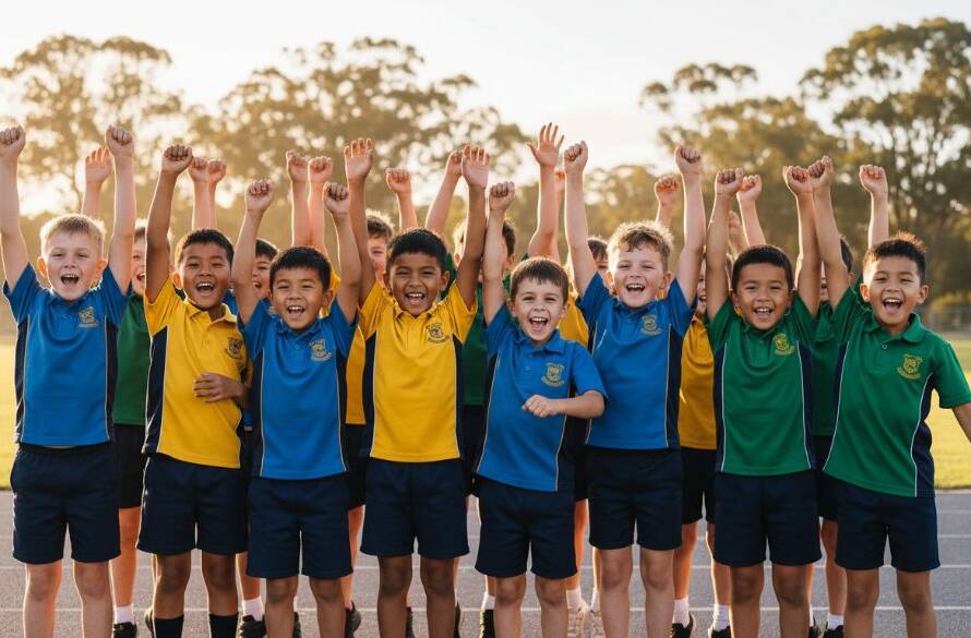 Dynamic, cinematic photograph showcasing a group of diverse primary school children from Deer Park, Victoria, celebrating a sports day victory with exuberant joy, hands raised, framed by the bright sunlight filtering through gum trees, capturing authentic student moments in professional Deer Park school photography.