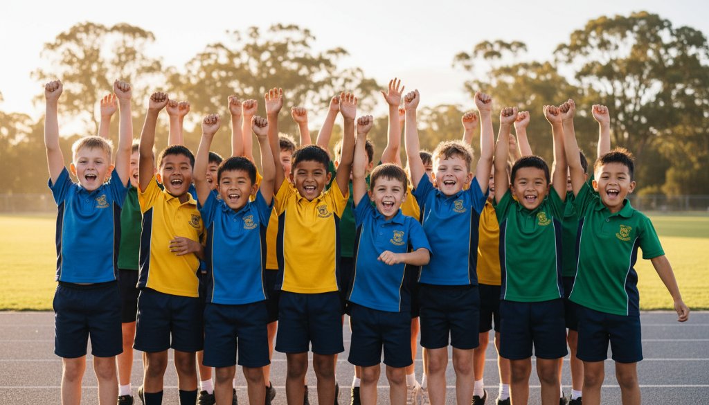 Dynamic, cinematic photograph showcasing a group of diverse primary school children from Deer Park, Victoria, celebrating a sports day victory with exuberant joy, hands raised, framed by the bright sunlight filtering through gum trees, capturing authentic student moments in professional Deer Park school photography.