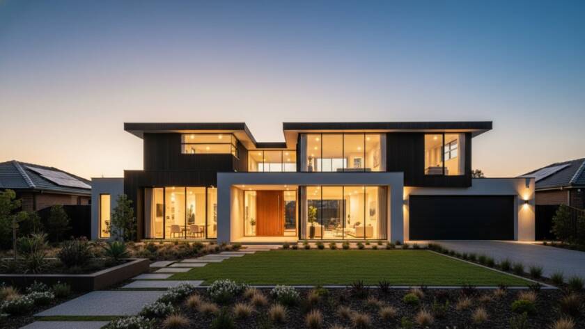 An epic wide-angle shot of a stunning modern family home in Deer Park, Victoria, at sunset, showcasing its elegant architecture and lush garden with dramatic golden hour lighting, captured with expert Deer Park VIC property marketing photography.