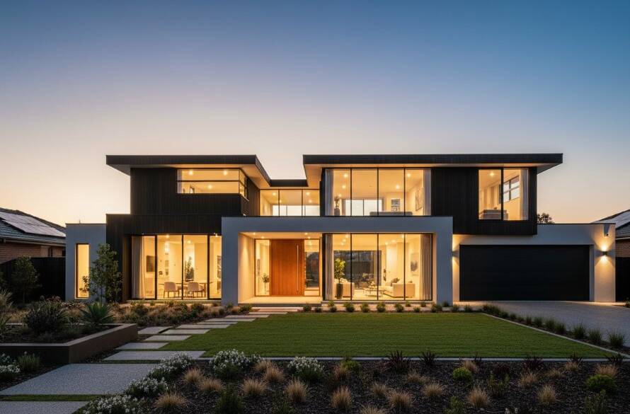 An epic wide-angle shot of a stunning modern family home in Deer Park, Victoria, at sunset, showcasing its elegant architecture and lush garden with dramatic golden hour lighting, captured with expert Deer Park VIC property marketing photography.