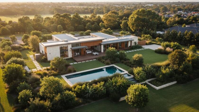 A vibrant aerial view of a modern property in Deer Park, Victoria, at sunset, showcasing its spacious garden and surroundings, captured with professional Deer Park Victoria drone photography for stunning property marketing.