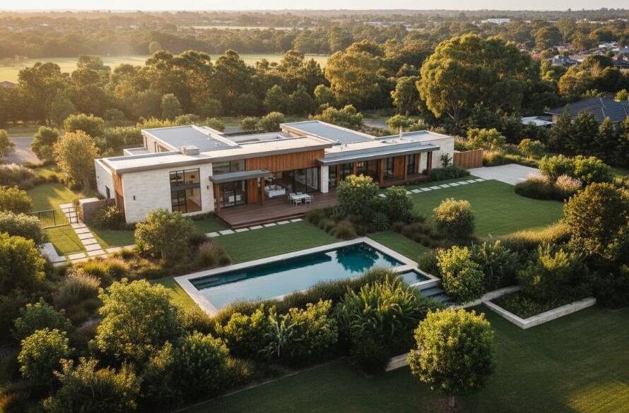 A vibrant aerial view of a modern property in Deer Park, Victoria, at sunset, showcasing its spacious garden and surroundings, captured with professional Deer Park Victoria drone photography for stunning property marketing.