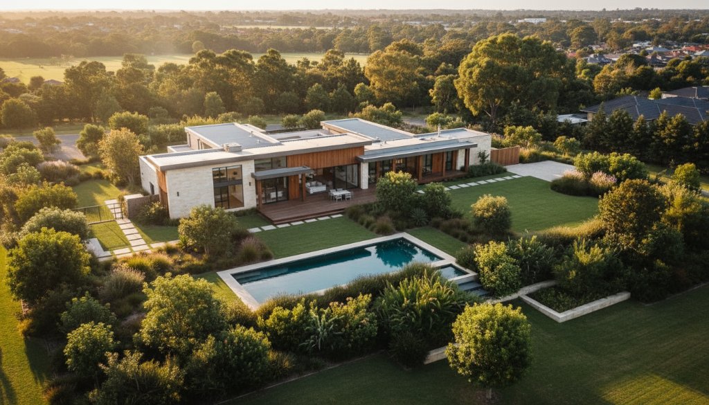 A vibrant aerial view of a modern property in Deer Park, Victoria, at sunset, showcasing its spacious garden and surroundings, captured with professional Deer Park Victoria drone photography for stunning property marketing.