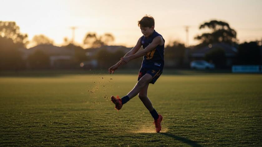 Dynamic action shot capturing an epic moment in Deer Park youth sports action photography, showcasing a young athlete's determination under dramatic lighting.