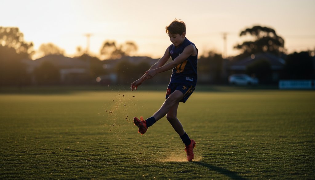Dynamic action shot capturing an epic moment in Deer Park youth sports action photography, showcasing a young athlete's determination under dramatic lighting.