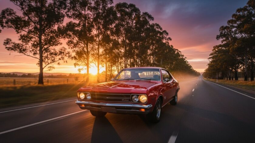 A dramatic 'epic moment' shot capturing a pristine vintage muscle car, bathed in the golden hour light, parked majestically on a quiet road overlooking the serene Delacombe landscape, epitomising Delacombe bespoke classic car photography with incredible detail and rich colour.